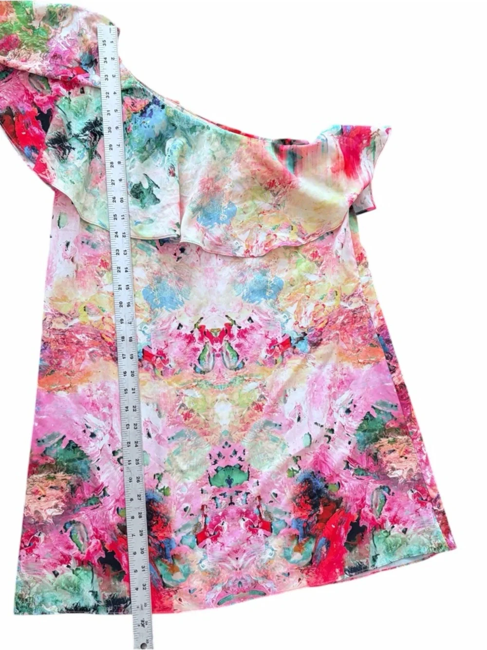 Amanda Uprichard One Shoulder Ruffle Abstract Print Dress Size M